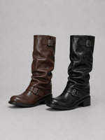 Tall Boots Motorcycle Style Adjustable Buckles Low Heel