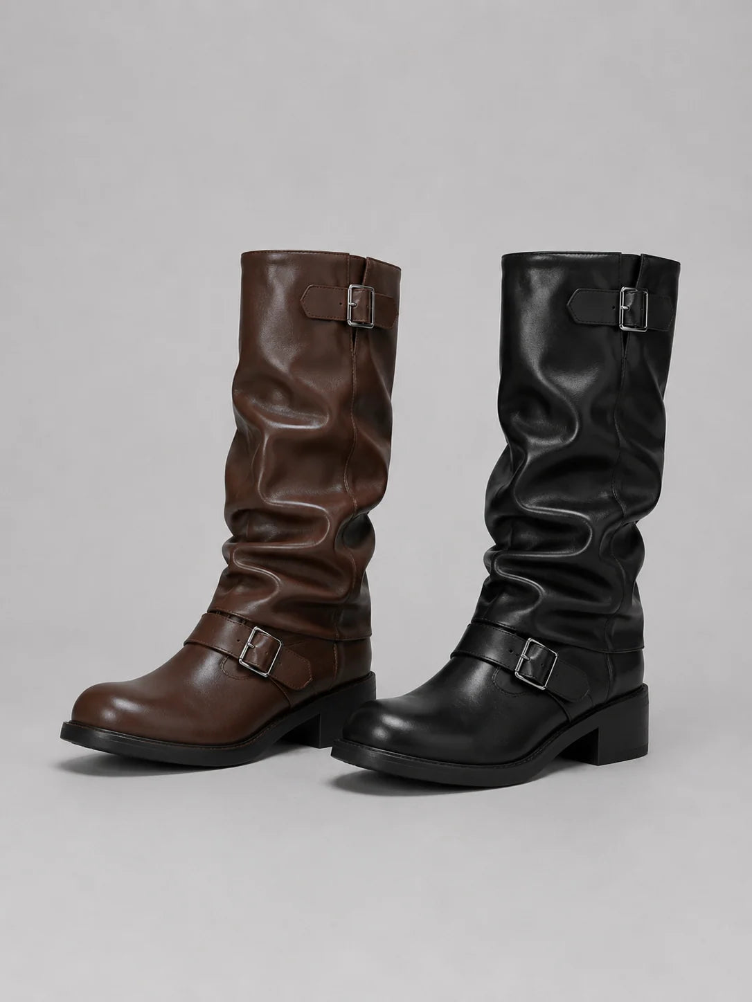 Tall Boots Motorcycle Style Adjustable Buckles Low Heel