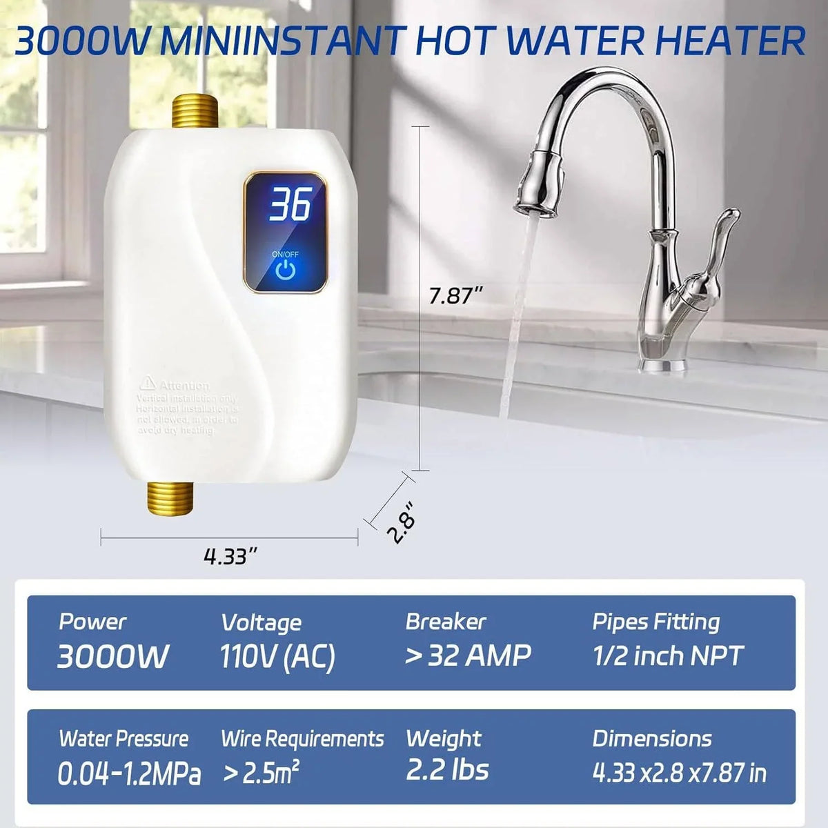 Tankless Electric Water Heater On-Demand Heating Digital Temperature Display