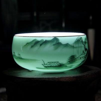 Tea Cup Hand-Painted Celadon Porcelain 2.4 Oz Capacity