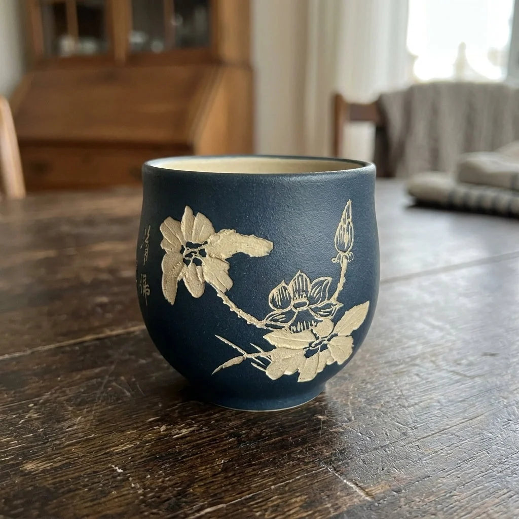 Tea Cup Purple Clay Engraved Landscape 4.1 Oz