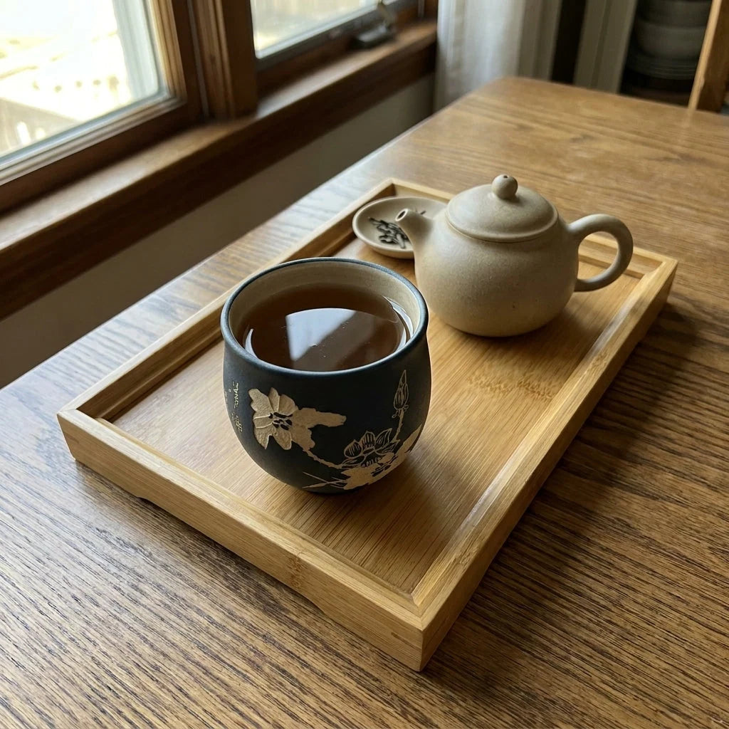 Tea Cup Purple Clay Engraved Landscape 4.1 Oz