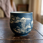 Tea Cup Purple Clay Engraved Landscape 4.1 Oz