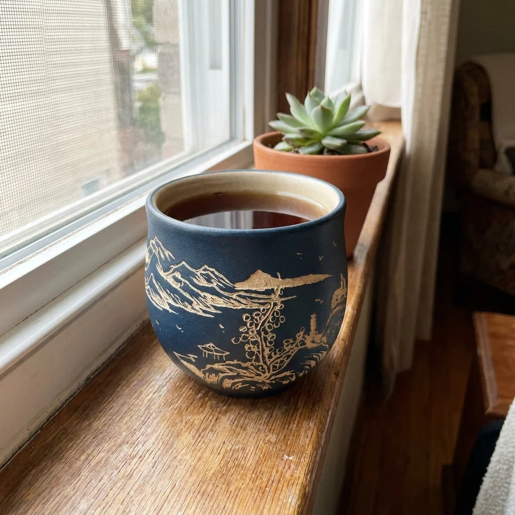 Tea Cup Purple Clay Engraved Landscape 4.1 Oz