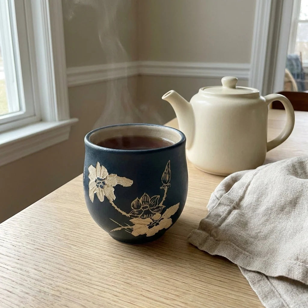 Tea Cup Purple Clay Engraved Landscape 4.1 Oz