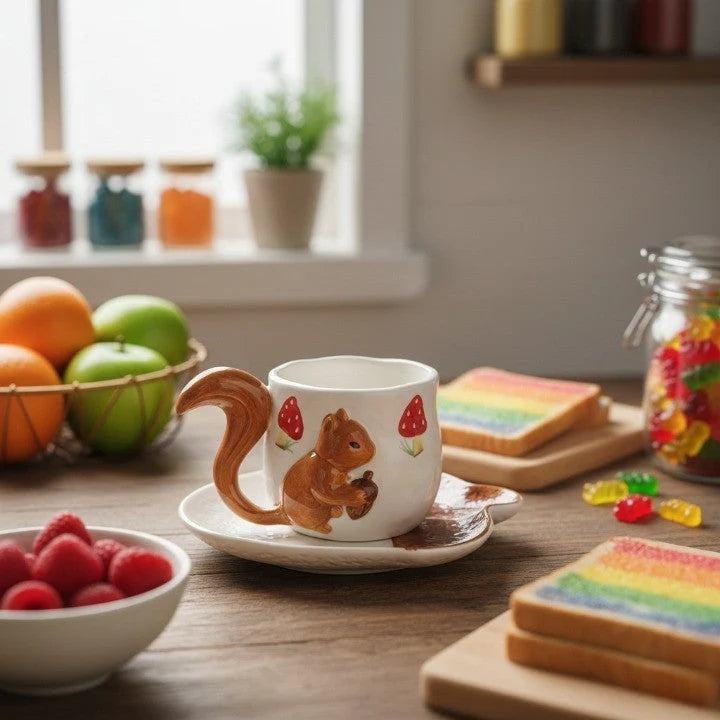 Tea Cup and Saucer Set Sculpted Squirrel Design Ceramic