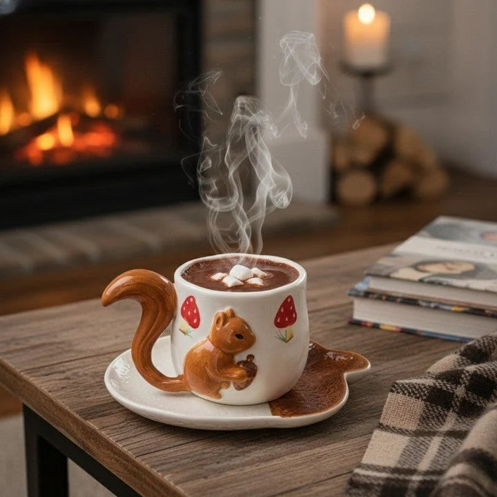 Tea Cup and Saucer Set Sculpted Squirrel Design Ceramic