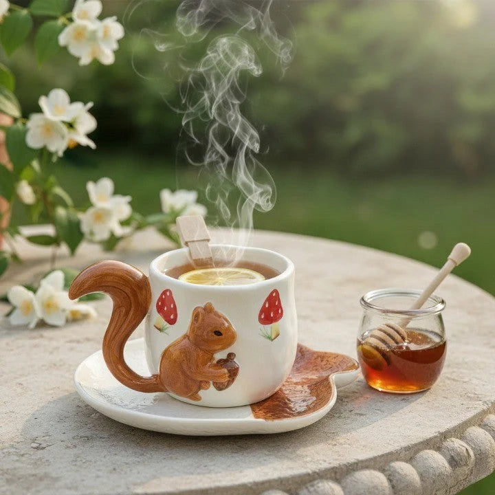 Tea Cup and Saucer Set Sculpted Squirrel Design Ceramic