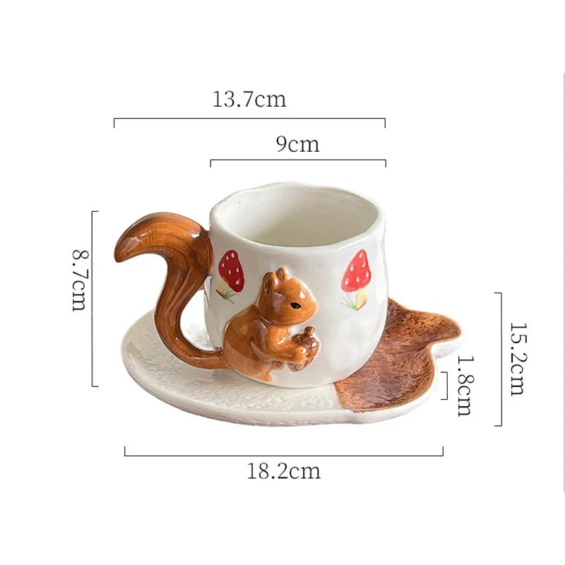 Tea Cup and Saucer Set Sculpted Squirrel Design Ceramic