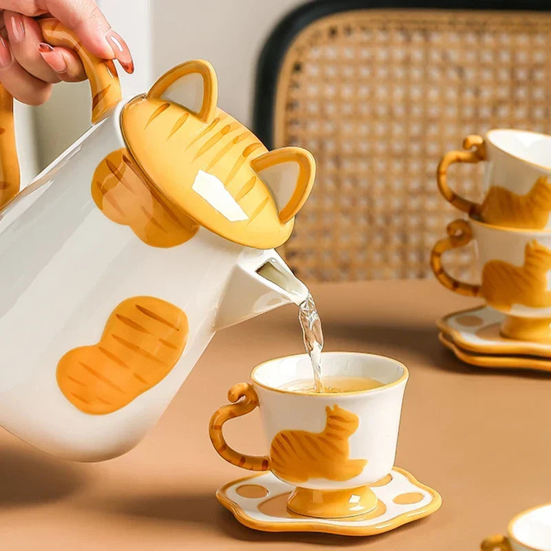 Tea Set Ceramic Cat Design Set of 5