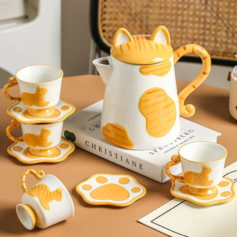 Tea Set Ceramic Cat Design Set of 5