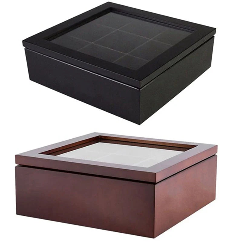 Tea Storage Box Natural Wood 9 Compartments Dust-Resistant Design