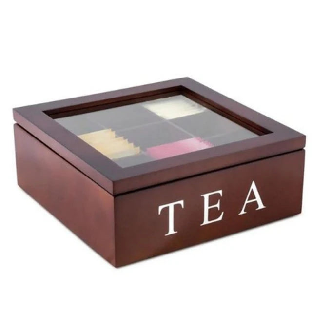 Tea Storage Box Natural Wood 9 Compartments Dust-Resistant Design