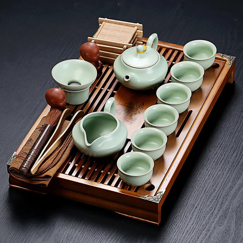 Tea Tray Set Vintage Chinese Ceramic Serves Six