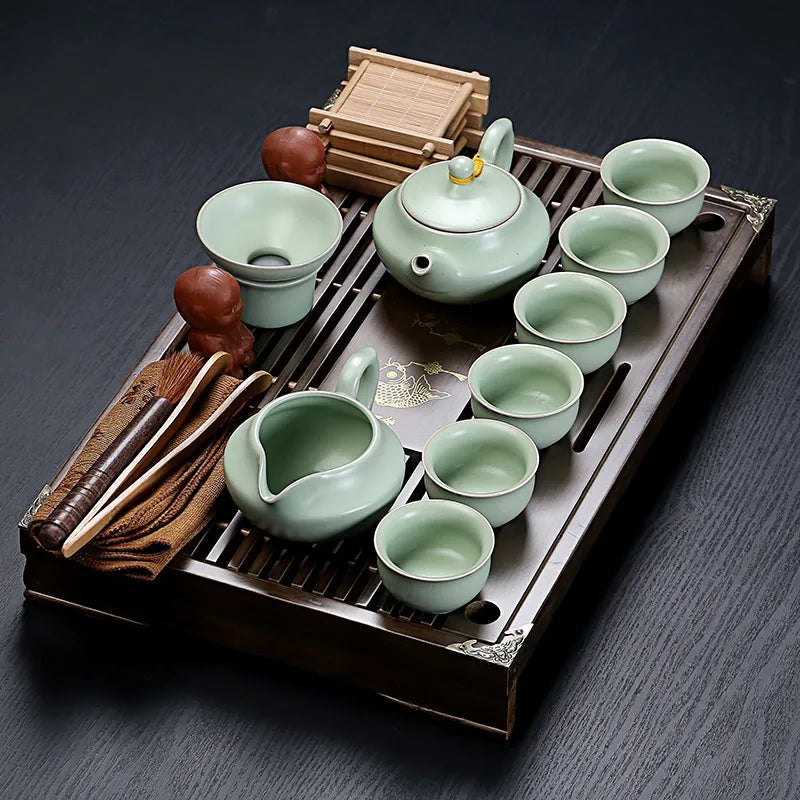 Tea Tray Set Vintage Chinese Ceramic Serves Six