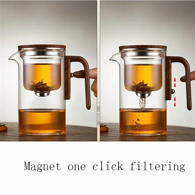 Teapot Magnetic Tea Separation Glass Body Wooden Handle