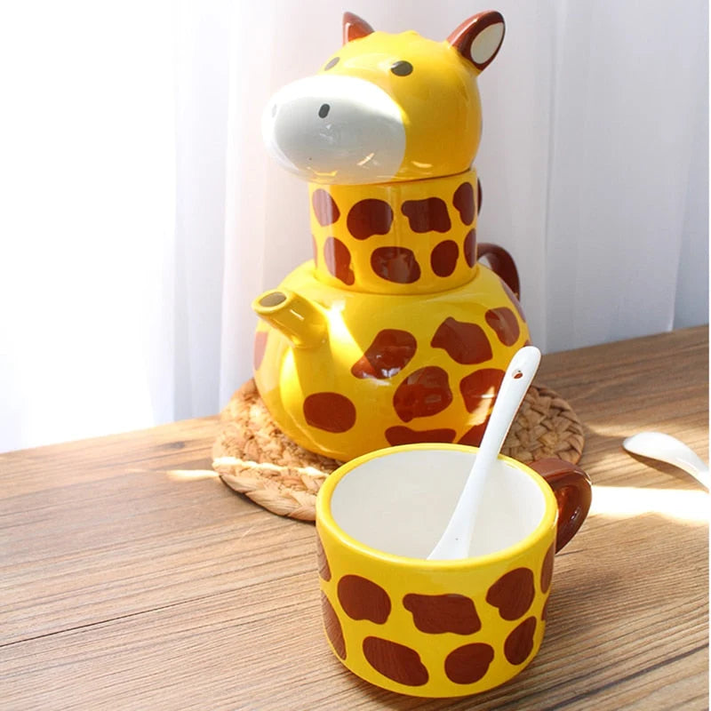 Teapot & Mug Set Ceramic Giraffe Design With Spoon