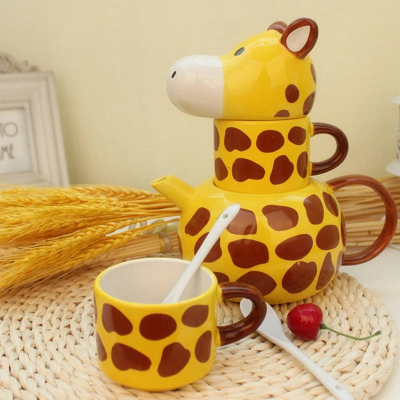 Teapot & Mug Set Ceramic Giraffe Design With Spoon
