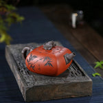 Teapot Purple Clay Bamboo Carved 12.9 Oz