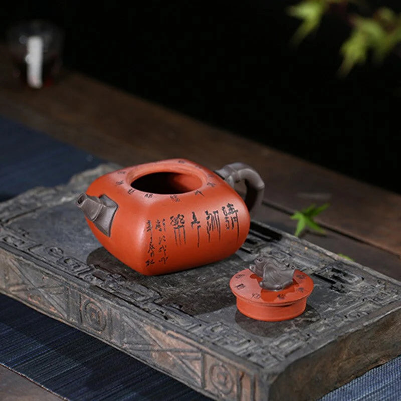 Teapot Purple Clay Bamboo Carved 12.9 Oz