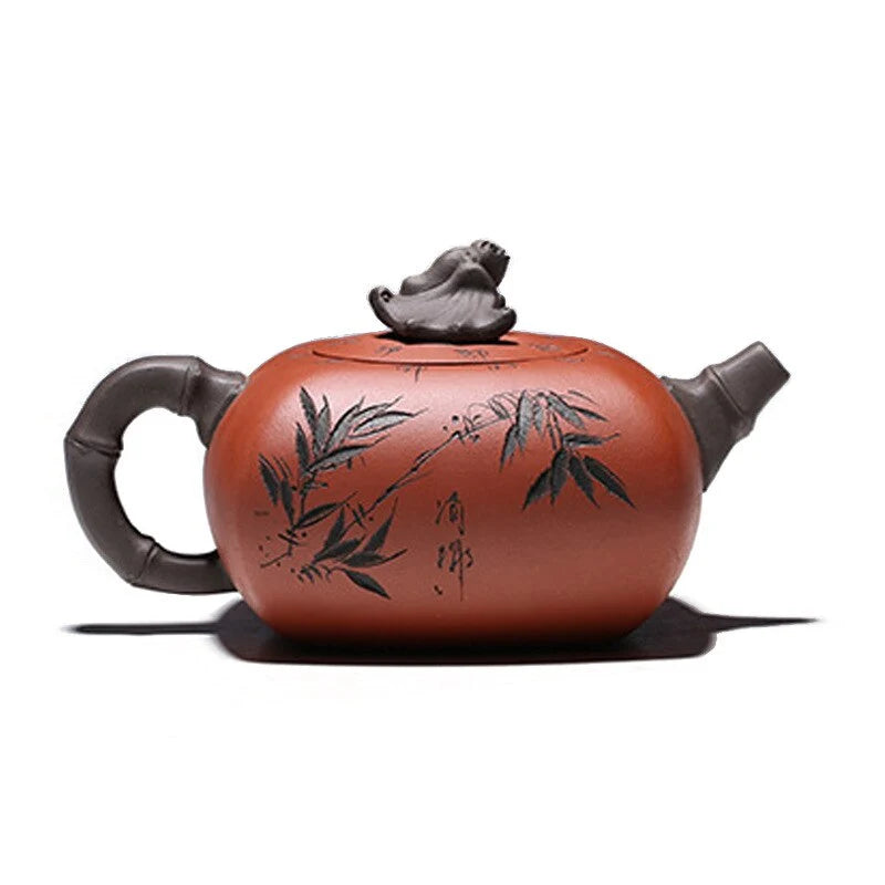 Teapot Purple Clay Bamboo Carved 12.9 Oz