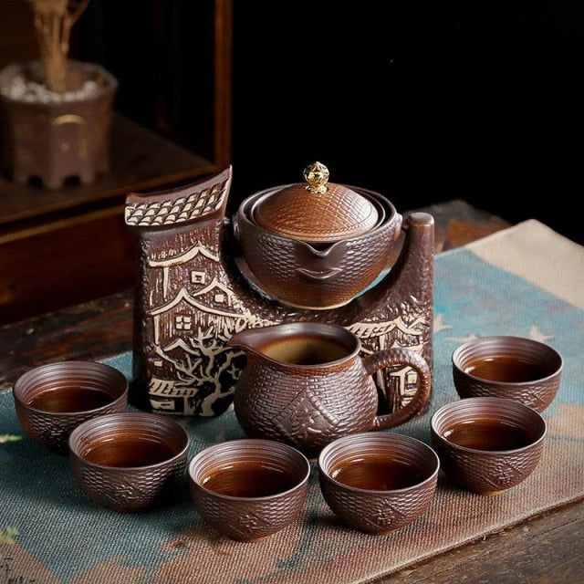 Teapot Set Durable Ceramic Bamboo Tray & Travel Bag