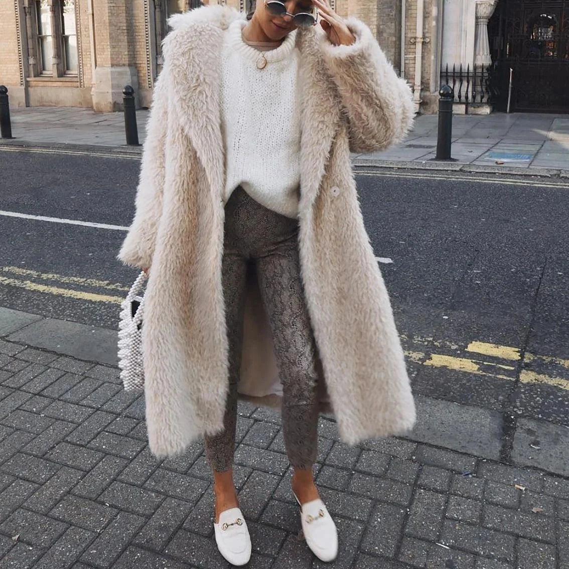Teddy Coat Faux Fur Below-The-Knee White