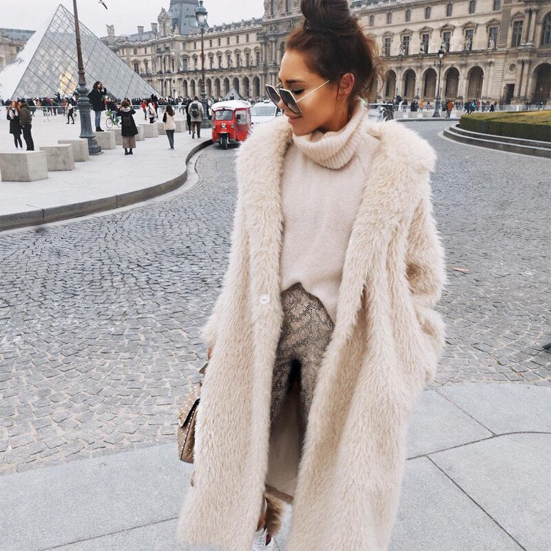 Teddy Coat Faux Fur Below-The-Knee White