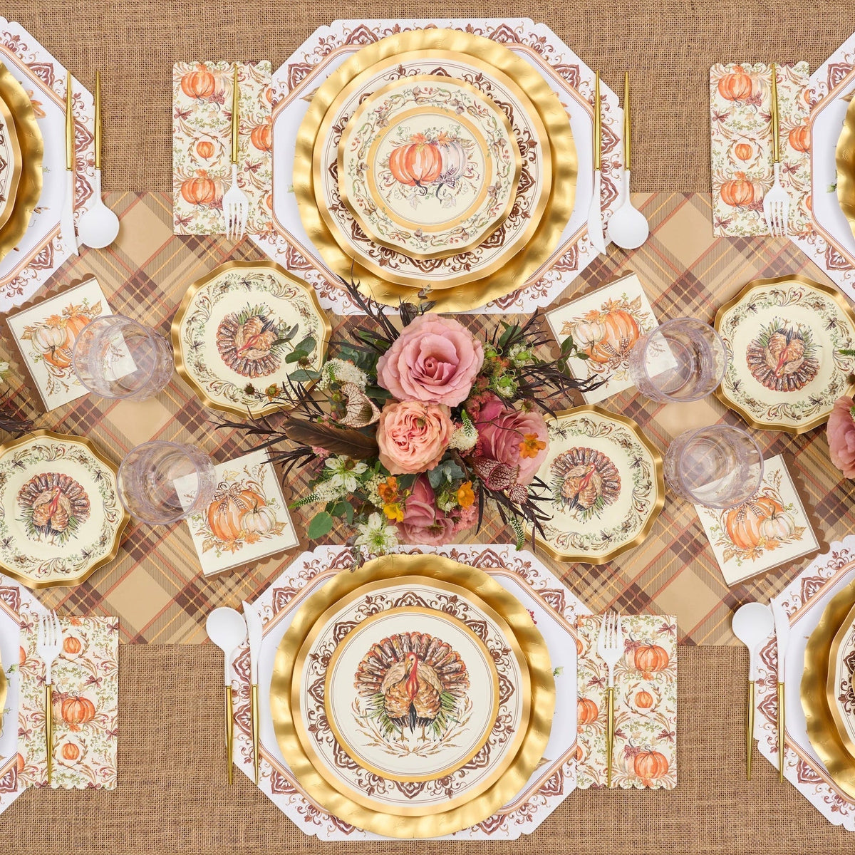 Thanksgiving Paper Plates Heavy-Duty Turkey & Gourd Design with Gold Accents