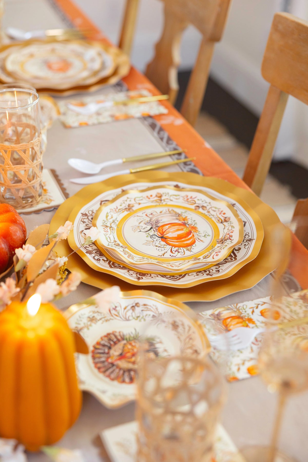 Thanksgiving Paper Plates Heavy-Duty Turkey & Gourd Design with Gold Accents