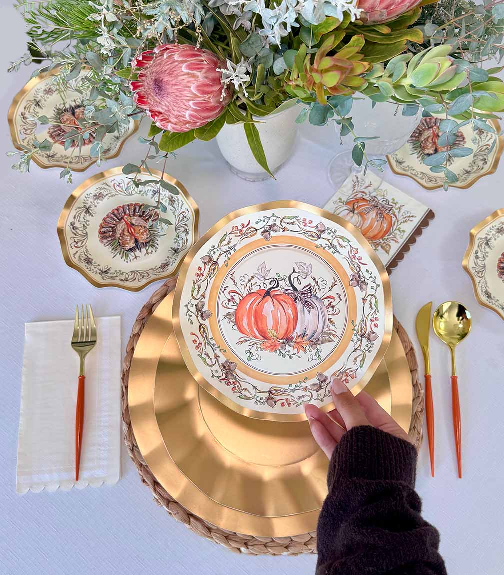 Thanksgiving Paper Plates Heavy-Duty Turkey & Gourd Design with Gold Accents