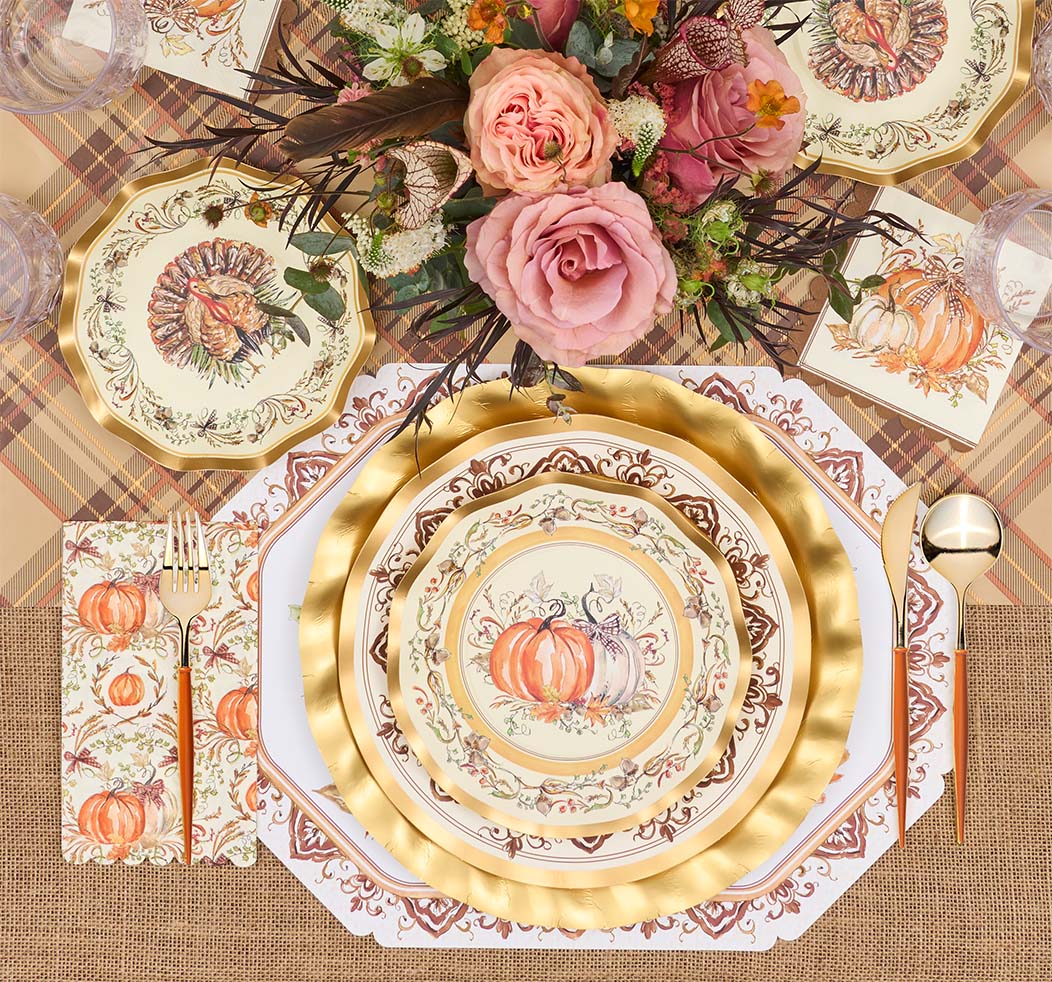 Thanksgiving Paper Plates Heavy-Duty Turkey & Gourd Design with Gold Accents
