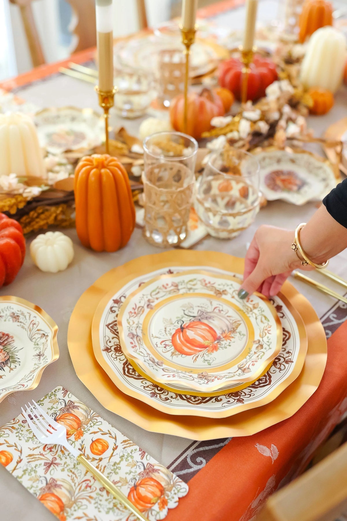 Thanksgiving Paper Plates Heavy-Duty Turkey & Gourd Design with Gold Accents