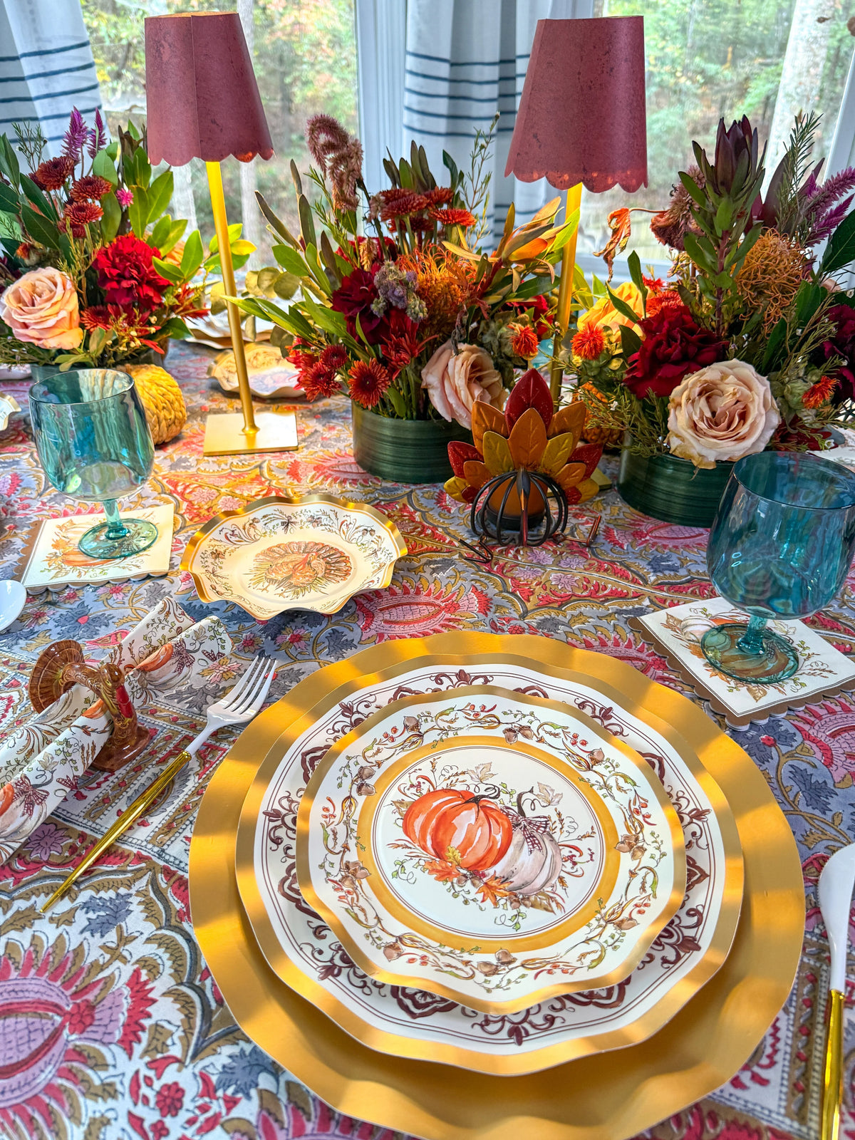 Thanksgiving Paper Plates Heavy-Duty Turkey & Gourd Design with Gold Accents