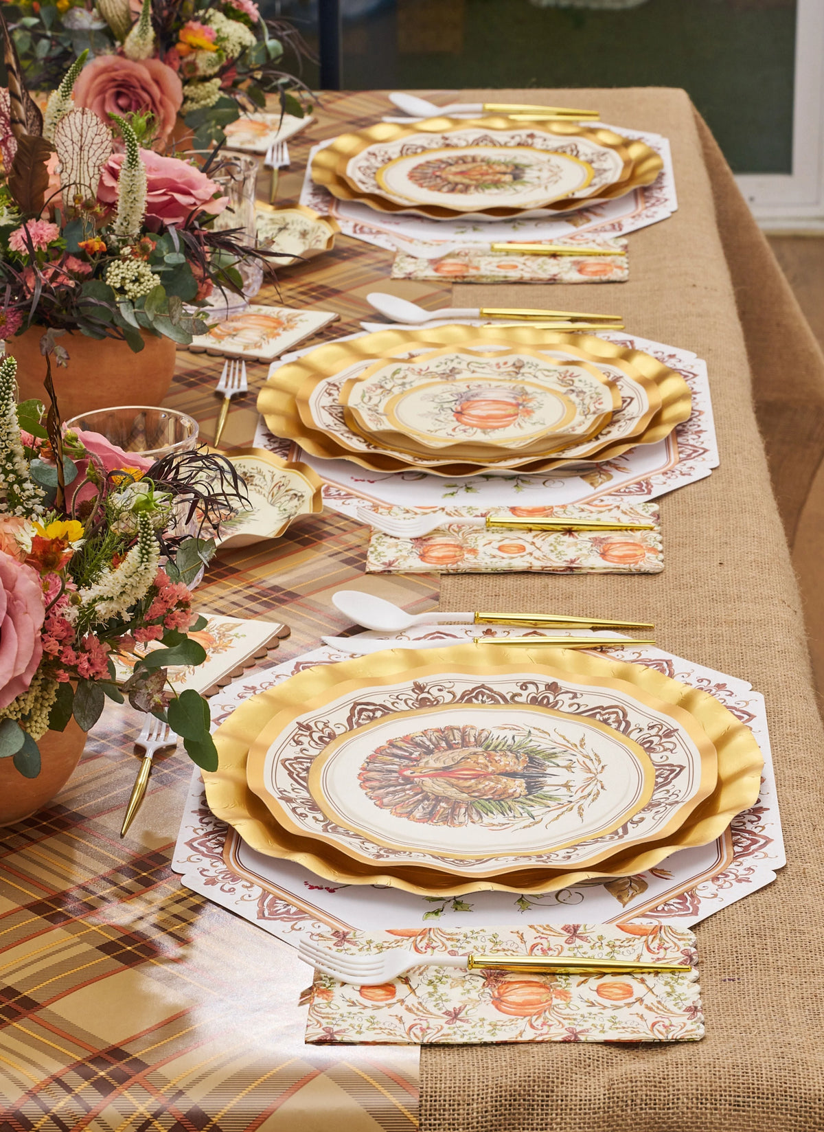 Thanksgiving Paper Plates Heavy-Duty Turkey & Gourd Design with Gold Accents