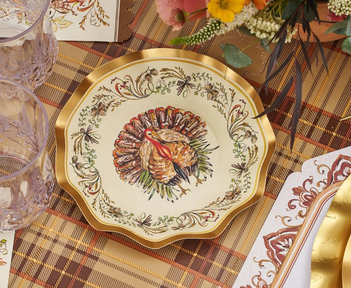 Thanksgiving Paper Plates Heavy-Duty Turkey & Gourd Design with Gold Accents