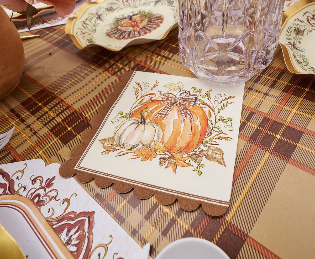 Thanksgiving Paper Plates Heavy-Duty Turkey & Gourd Design with Gold Accents