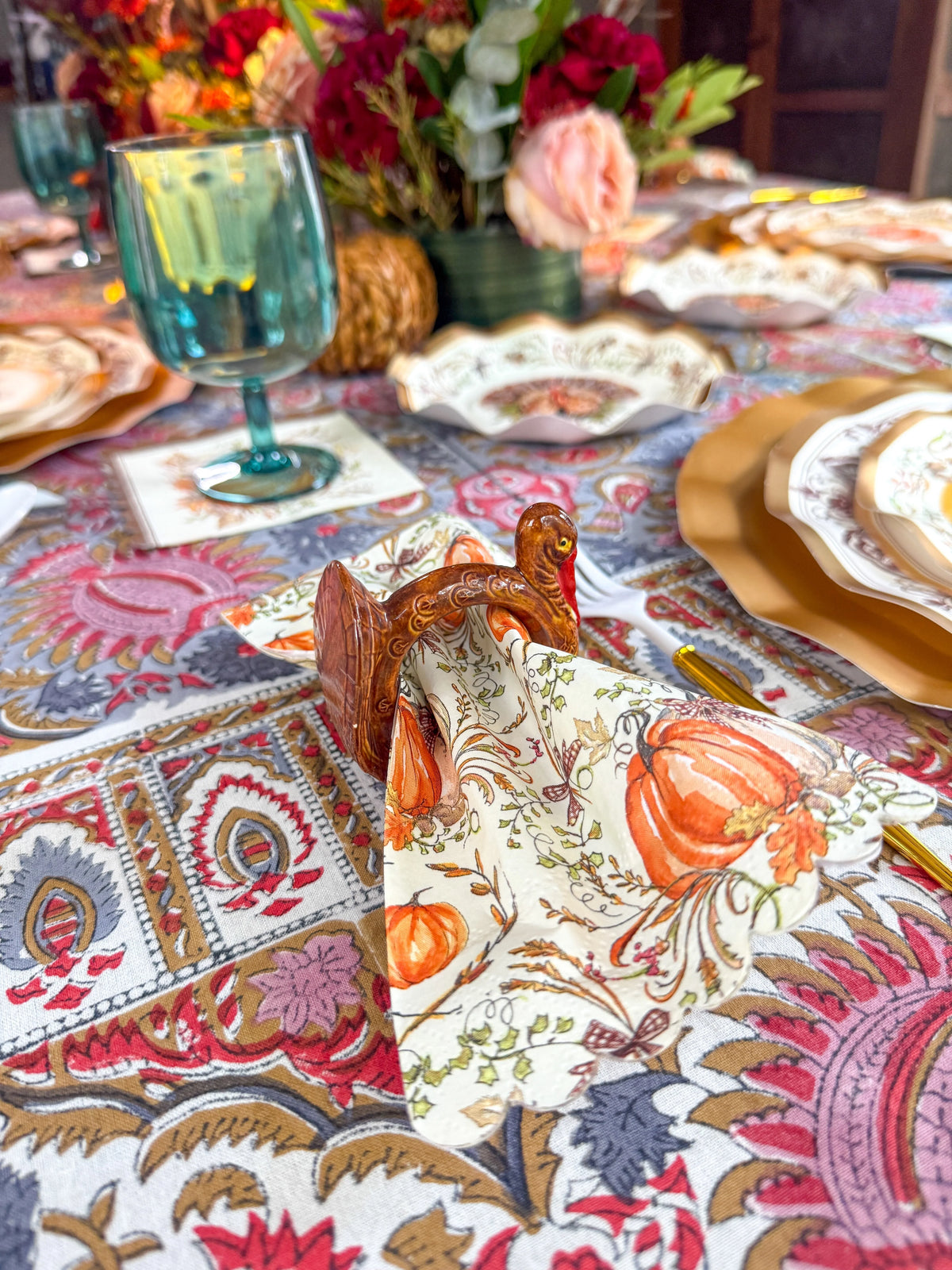 Thanksgiving Paper Plates Heavy-Duty Turkey & Gourd Design with Gold Accents
