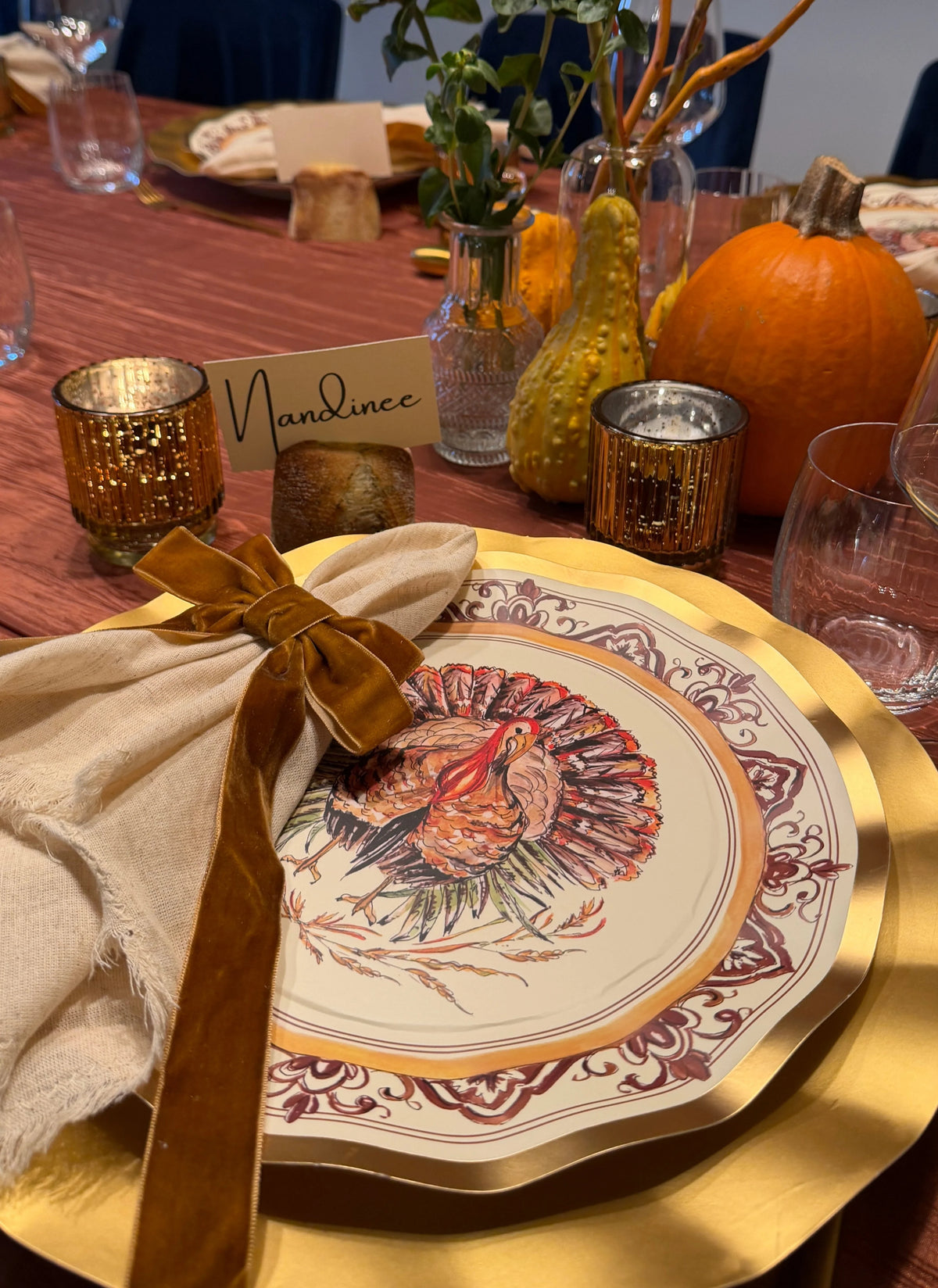 Thanksgiving Paper Plates Heavy-Duty Turkey & Gourd Design with Gold Accents