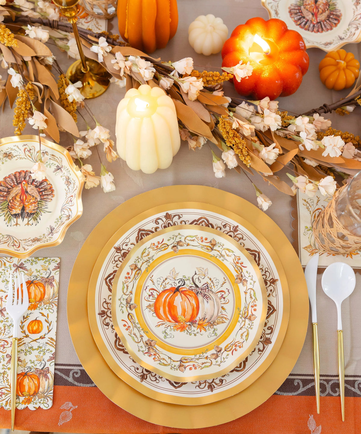 Thanksgiving Paper Plates Heavy-Duty Turkey & Gourd Design with Gold Accents