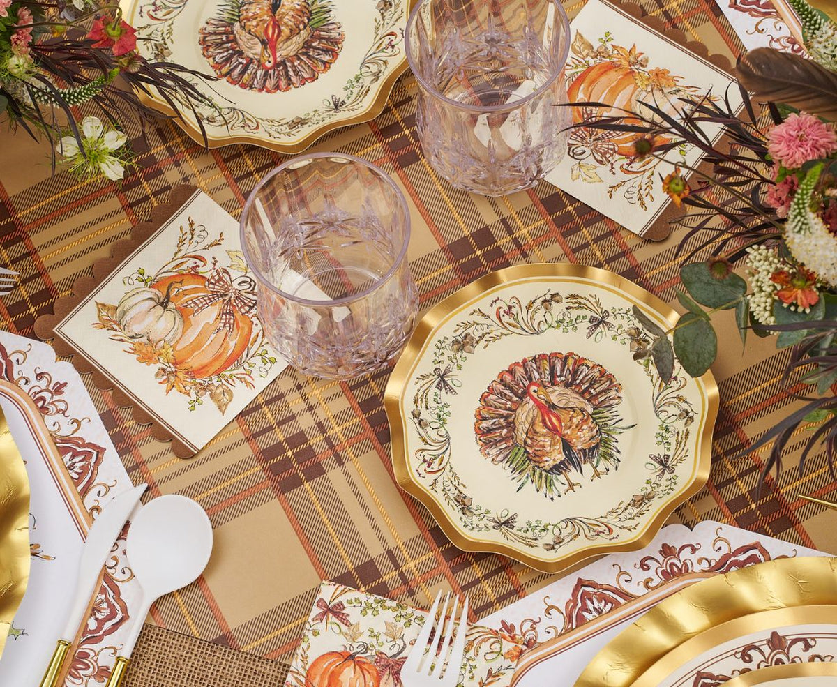Thanksgiving Paper Plates Heavy-Duty Turkey & Gourd Design with Gold Accents