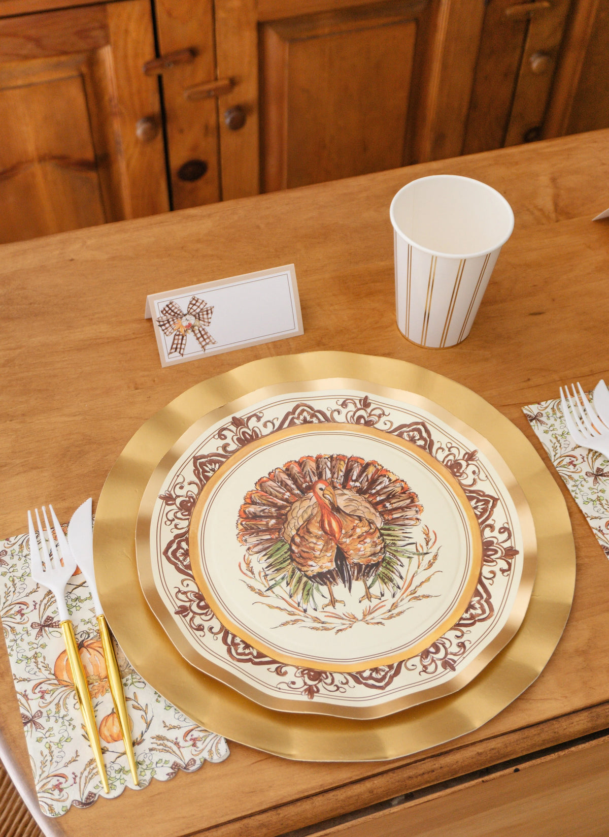 Thanksgiving Paper Plates Heavy-Duty Turkey & Gourd Design with Gold Accents