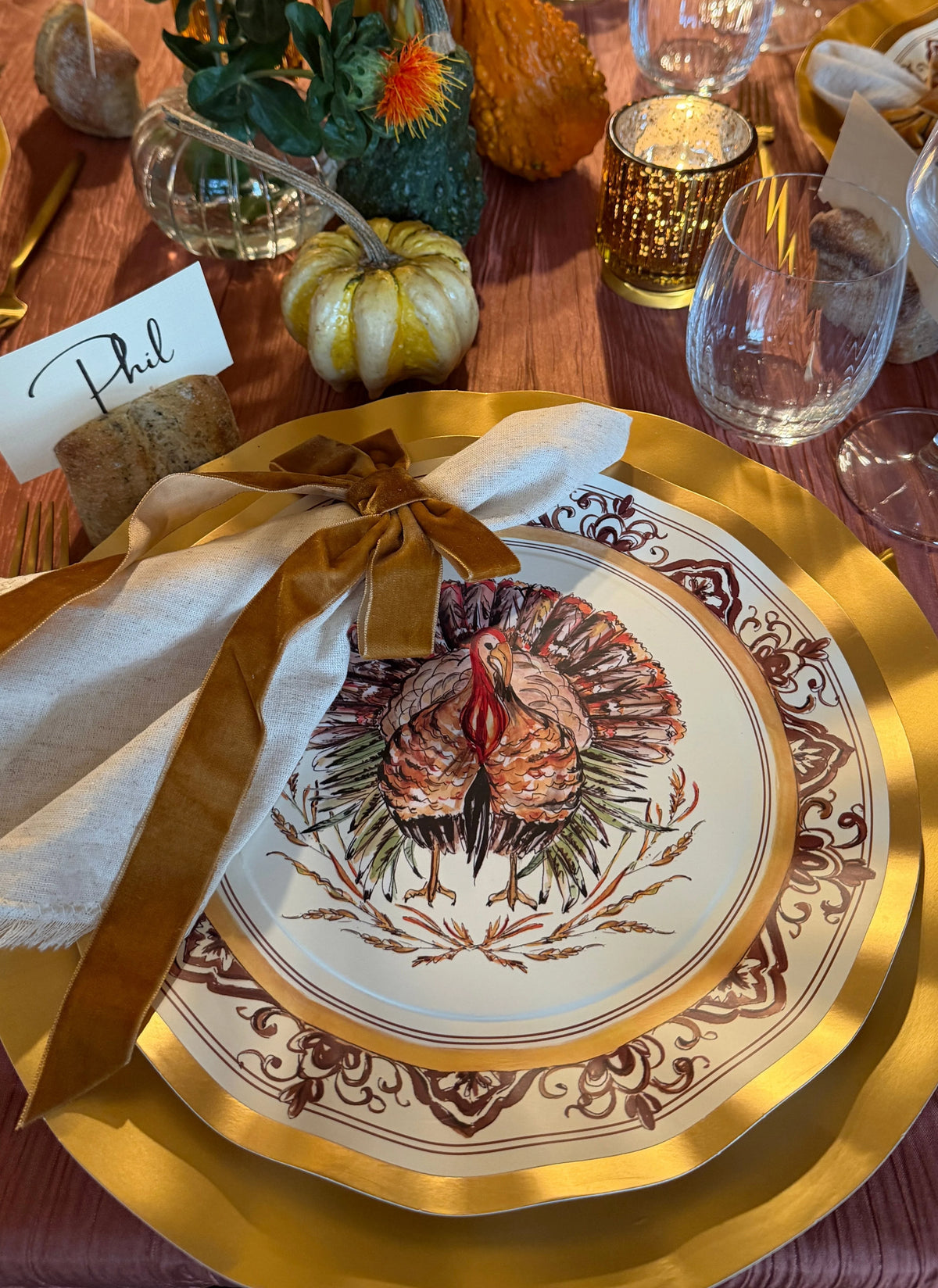 Thanksgiving Paper Plates Heavy-Duty Turkey & Gourd Design with Gold Accents