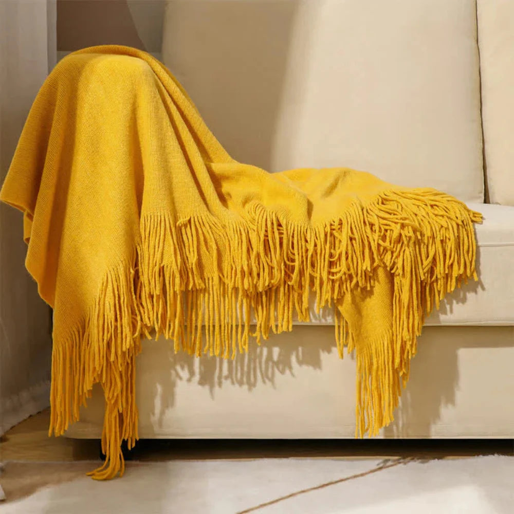 Throw Blanket Chunky Knit Acrylic with Fringe