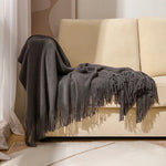 Throw Blanket Chunky Knit Acrylic with Fringe