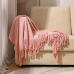 Throw Blanket Chunky Knit Acrylic with Fringe