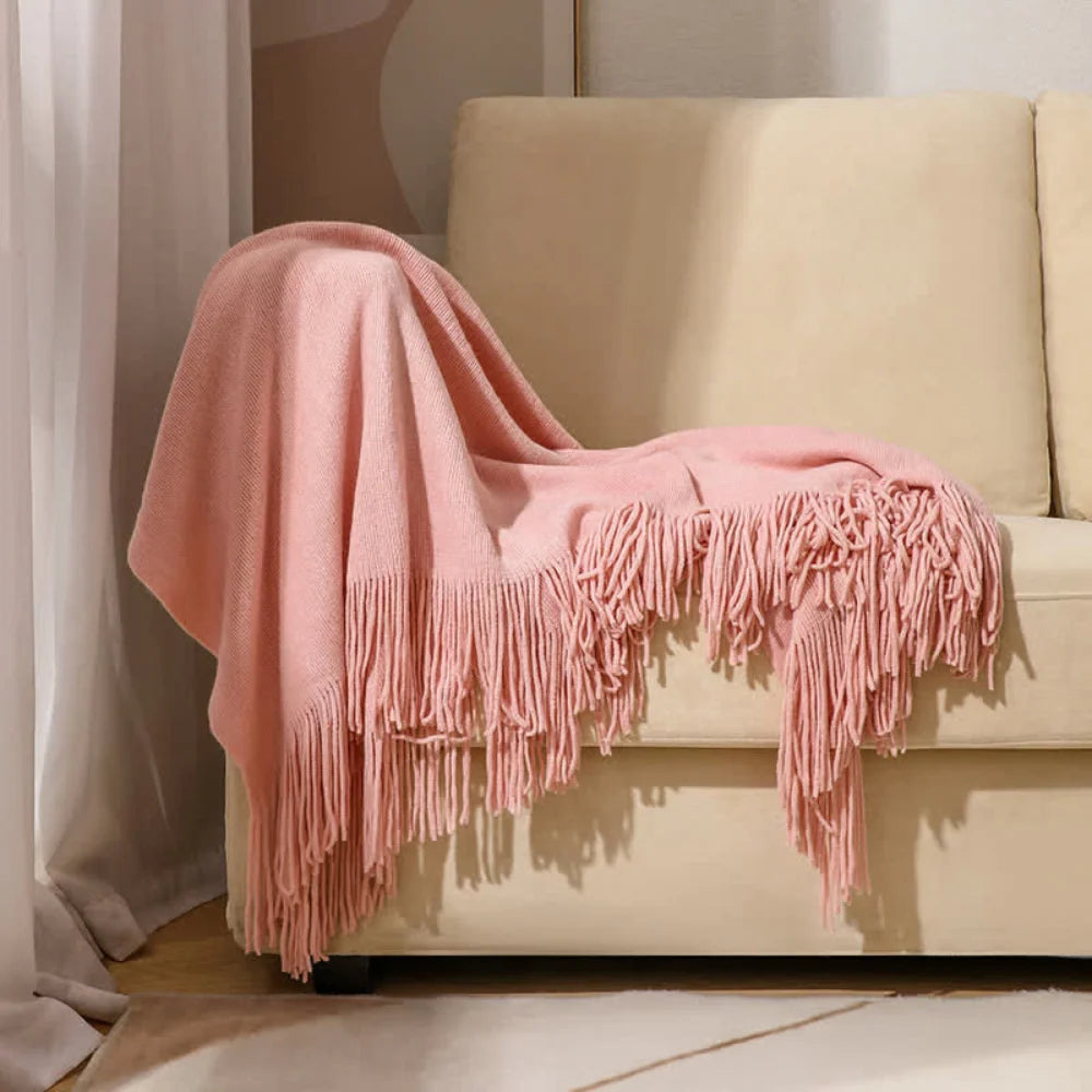 Throw Blanket Chunky Knit Acrylic with Fringe