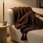 Throw Blanket Chunky Knit Tassel Trim Soft Warm Fabric