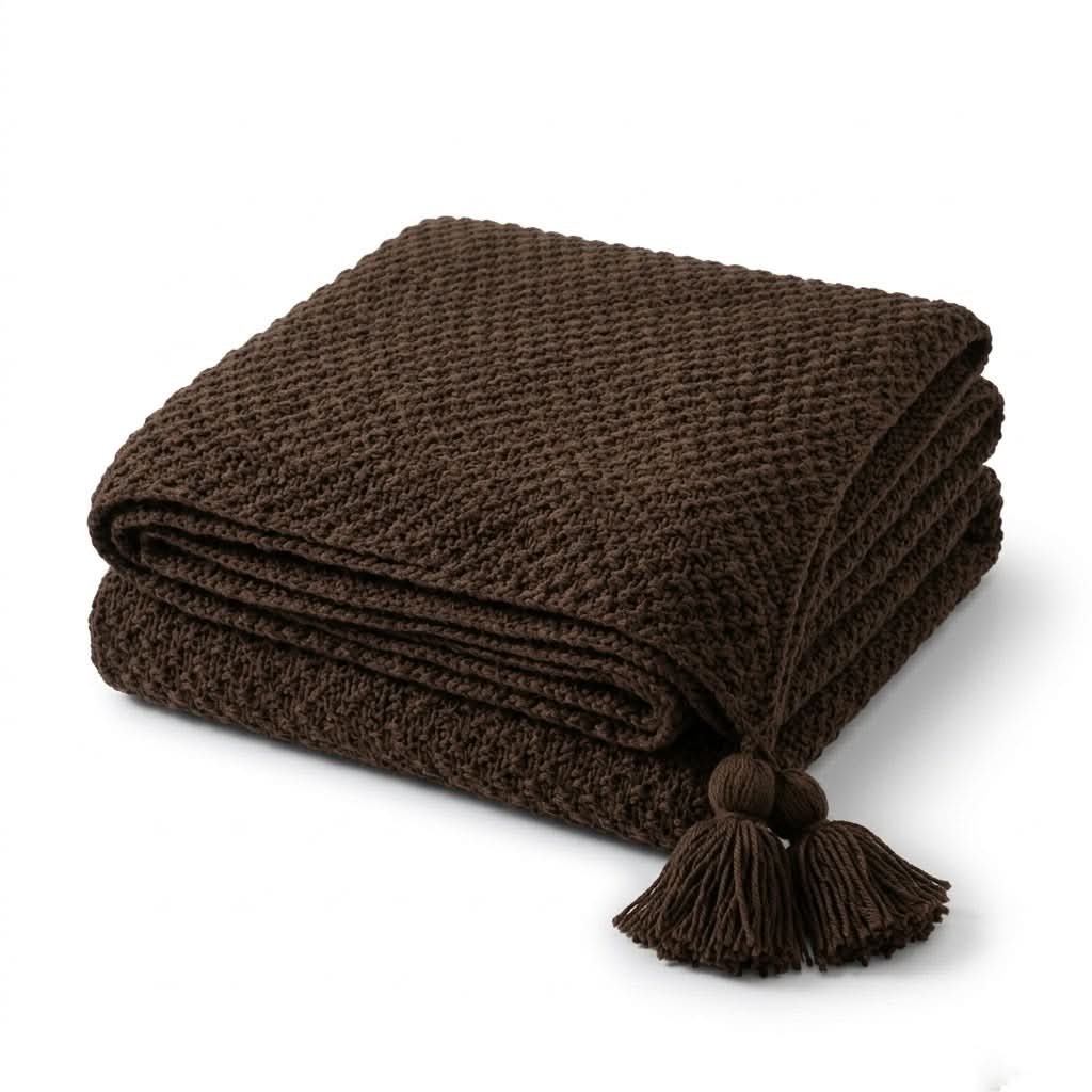 Throw Blanket Chunky Knit Tassel Trim Soft Warm Fabric