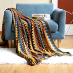 Throw Blanket Hand-Knitted Chevron Pattern With Fringed Edges